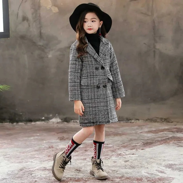 Winter Woolen Coat for Girl Thick Jacket Toddler Girls Plaid Outerwear Kids Clothes Autumn England Teenage Trench School Uniform