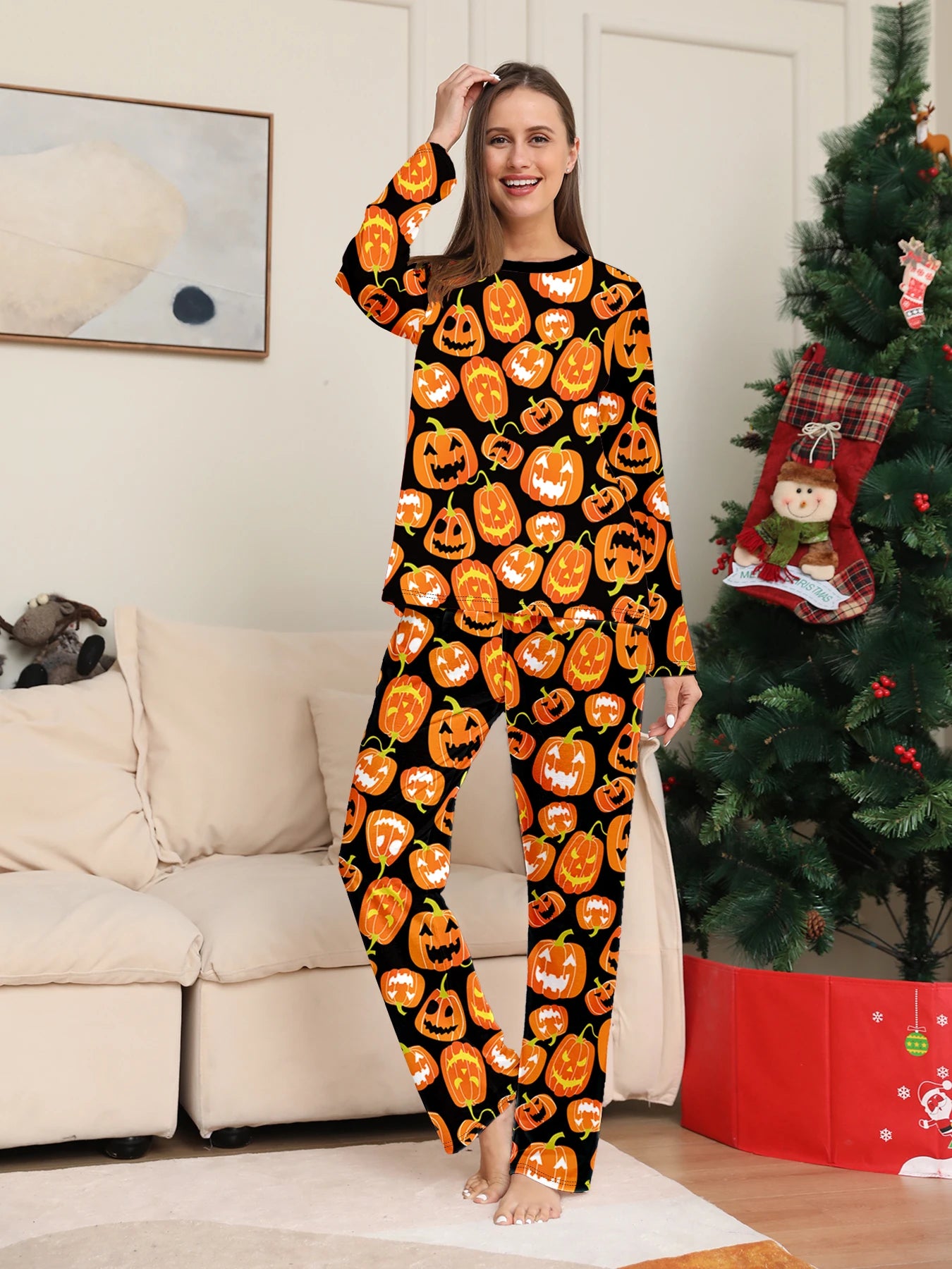 Matching Couple Christmas Sleepwear - Red "Merry Xmas" Top & Green Plaid Candy Cane Bottoms