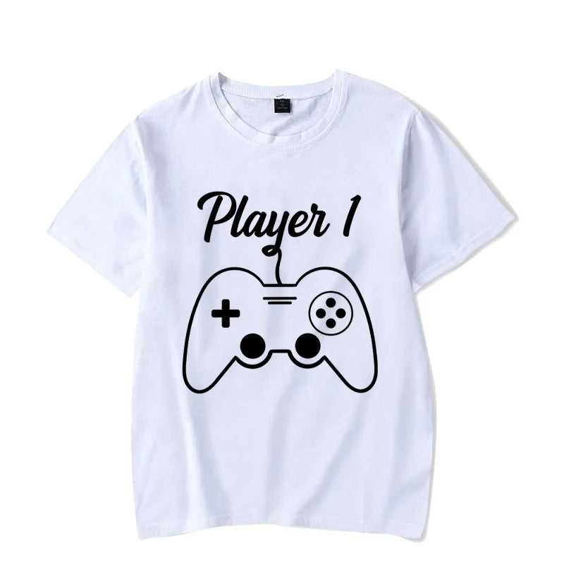 Couple Matching T-Shirt Funny Game Player 1 Player 2 Shirts Short Sleeve Loose Women Men Tshirt Pregnancy Announcement Tops