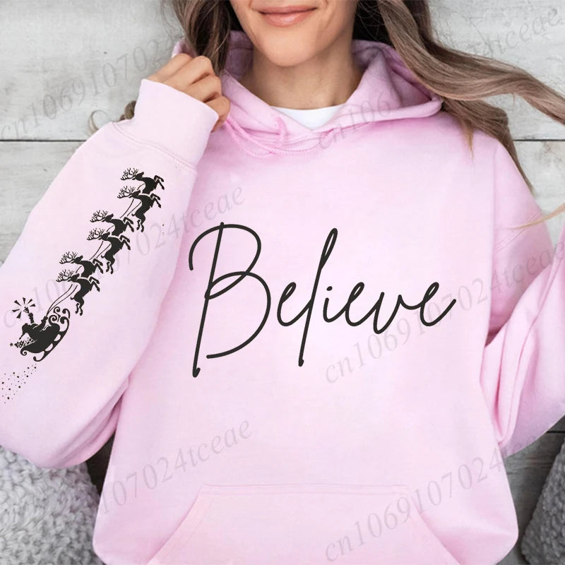 Believe Christmas Hoodies Sweatshirt for Women Men Family Christmas Party Sweatshirt Autumn Winter Christmas Hooded Sportwear