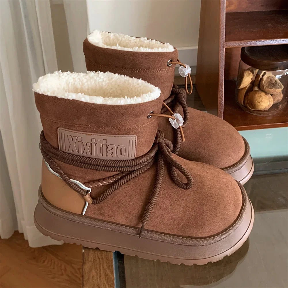 Winter Outdoor Women Ankle Snow Boots Ladies Plush Warm Shoes Classic Ultra Platform Cow Suede Furry Hook & Loop Flat Booties