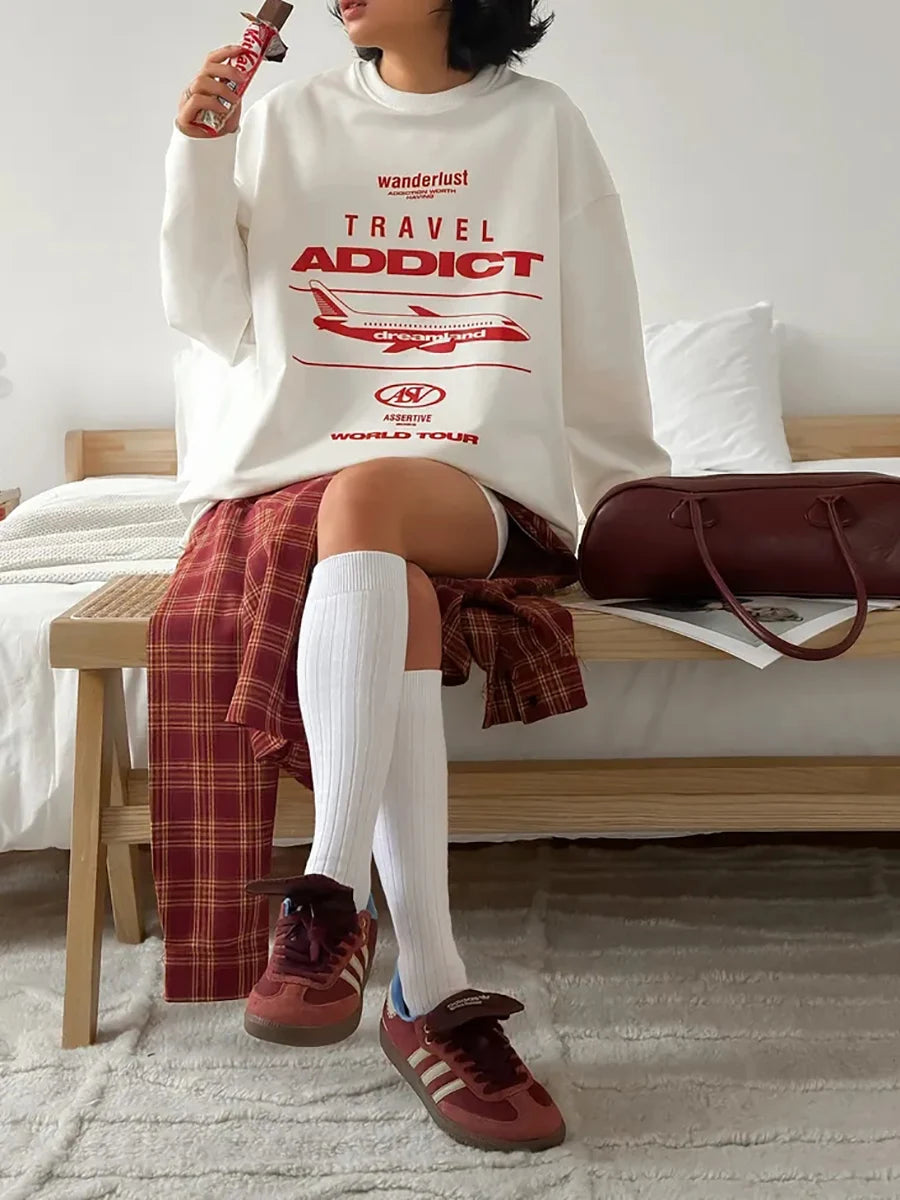 2025 New Spring Autumn Fashion Lady Sportwears Loose Letter Printed Sweatshirts Women Casual O-neck Full Sleeve Blouse Female