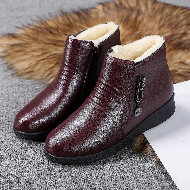 Winter Women Boots Leather Boots Warm Waterproof Cotton Shoes Soft Sole Plush Outdoor Snow Boot Non-slip Comfortable Ankle Boots