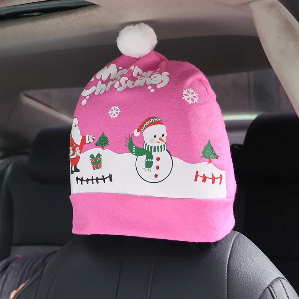 Christmas Car Seat Pillowcase Merry Christmas Santa's Hat Automotive Seat Headrest Cover Car Interior Decor Accessories Gift
