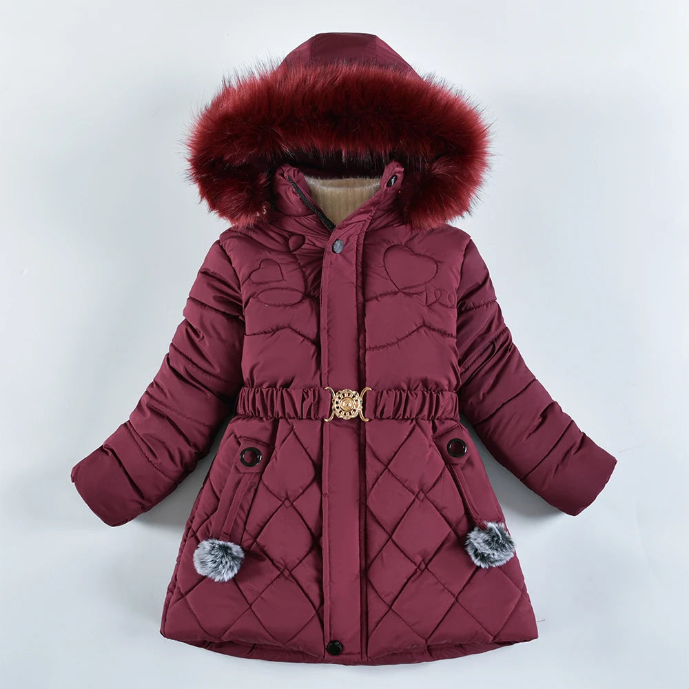 Winter Snow Suit For Girls, Fur Collar & Tunic Details Warm Cotton-padded Hooded Coat, Kids Outerwear