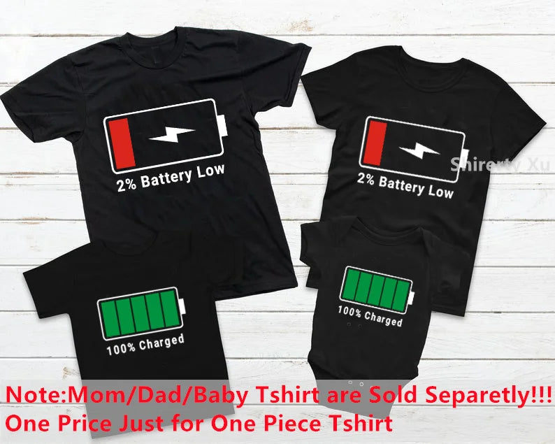 Family Matching Clothes Outfit Funny Battery Clothes Dad Mom Brother Sister T-shirt Family Look Daddy Mommy Me Baby Boy Girl Tee