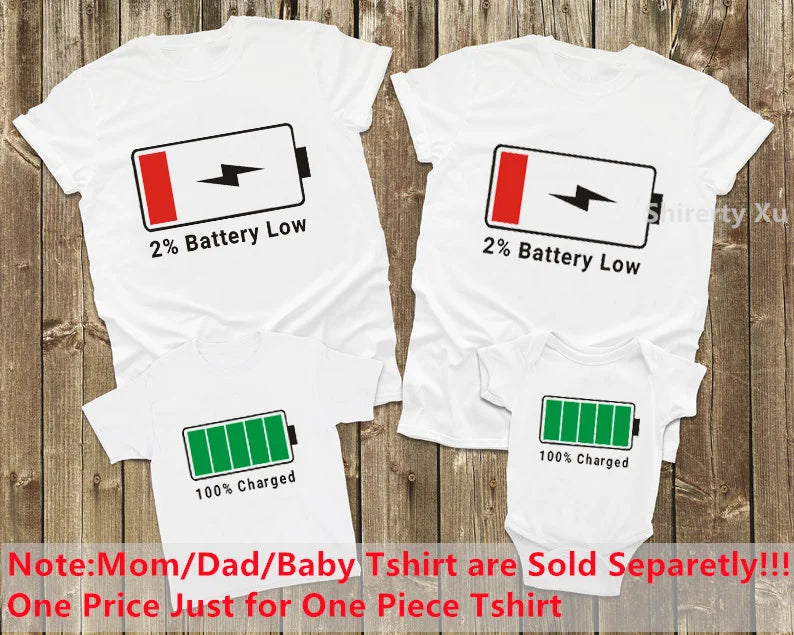 Family Matching Clothes Outfit Funny Battery Clothes Dad Mom Brother Sister T-shirt Family Look Daddy Mommy Me Baby Boy Girl Tee