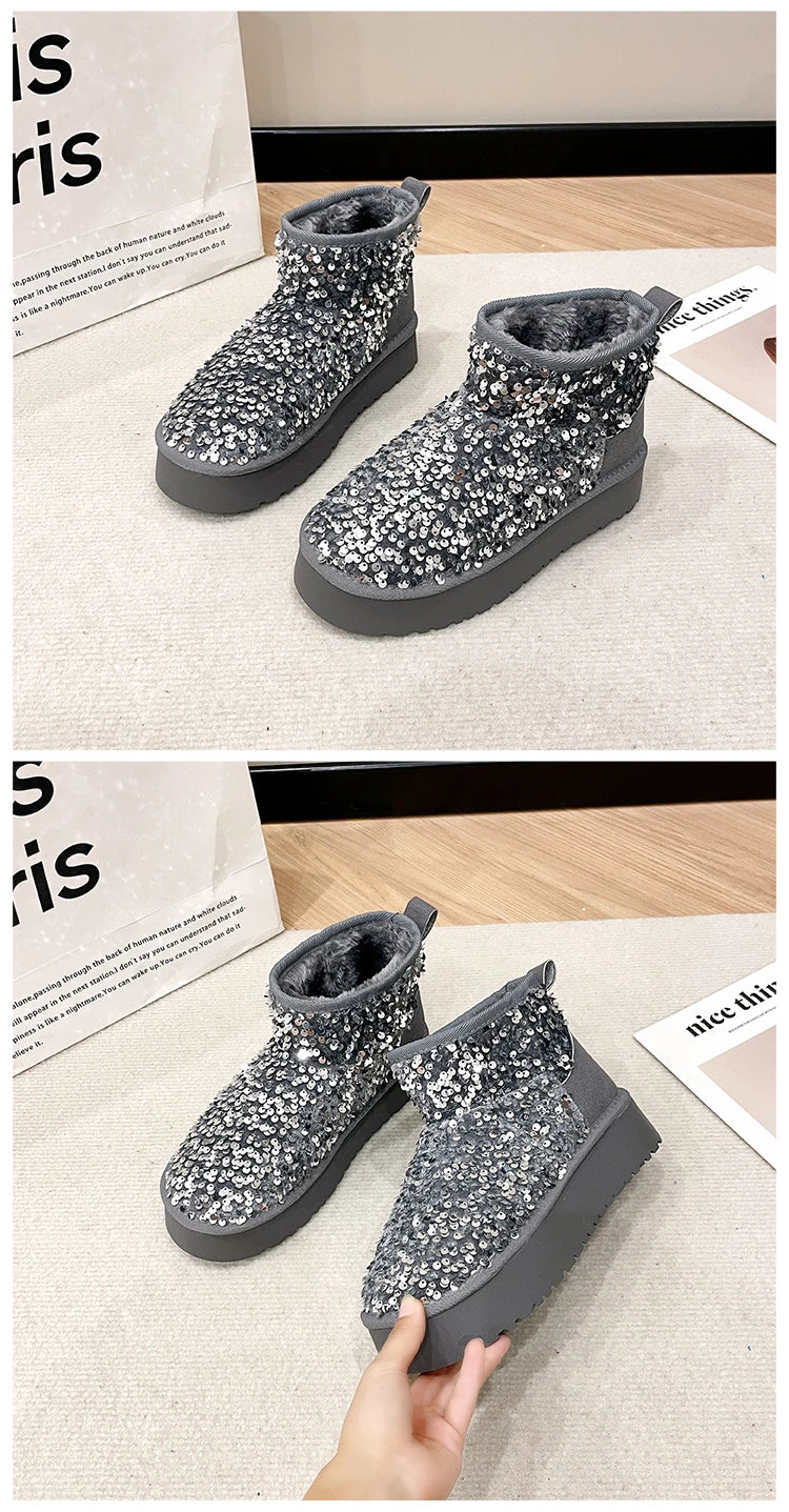 Winter New Warm 4CM Platform Snow Boots Black Bling Sequined Cloth Wool Lined Women Fashion Boots Luxurious shiny suede boots