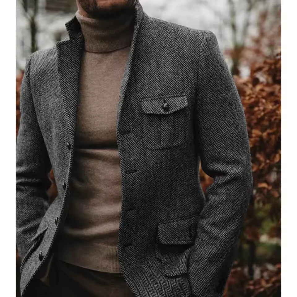 Men Suit Jacket Herringbone Single Breasted Stand Collar Business Formal Attire Casual Blazer Tapered Waist Fashion Slim FitCoat