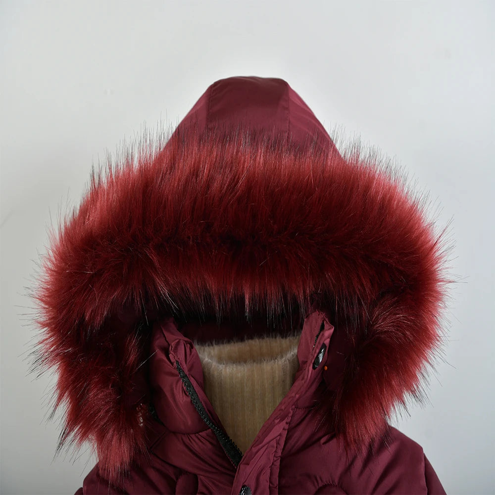 Winter Snow Suit For Girls, Fur Collar & Tunic Details Warm Cotton-padded Hooded Coat, Kids Outerwear