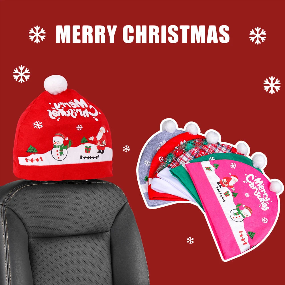 Christmas Car Seat Pillowcase Merry Christmas Santa's Hat Automotive Seat Headrest Cover Car Interior Decor Accessories Gift