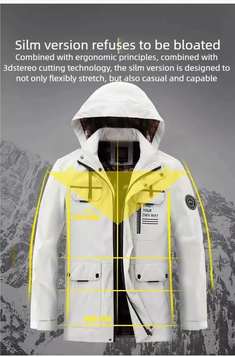 New Winter Men Outwear Warm Removable Hooded Hiking Jacket Men Outdoor Windproof Casual Fashion Jacket Coat Male Clothing