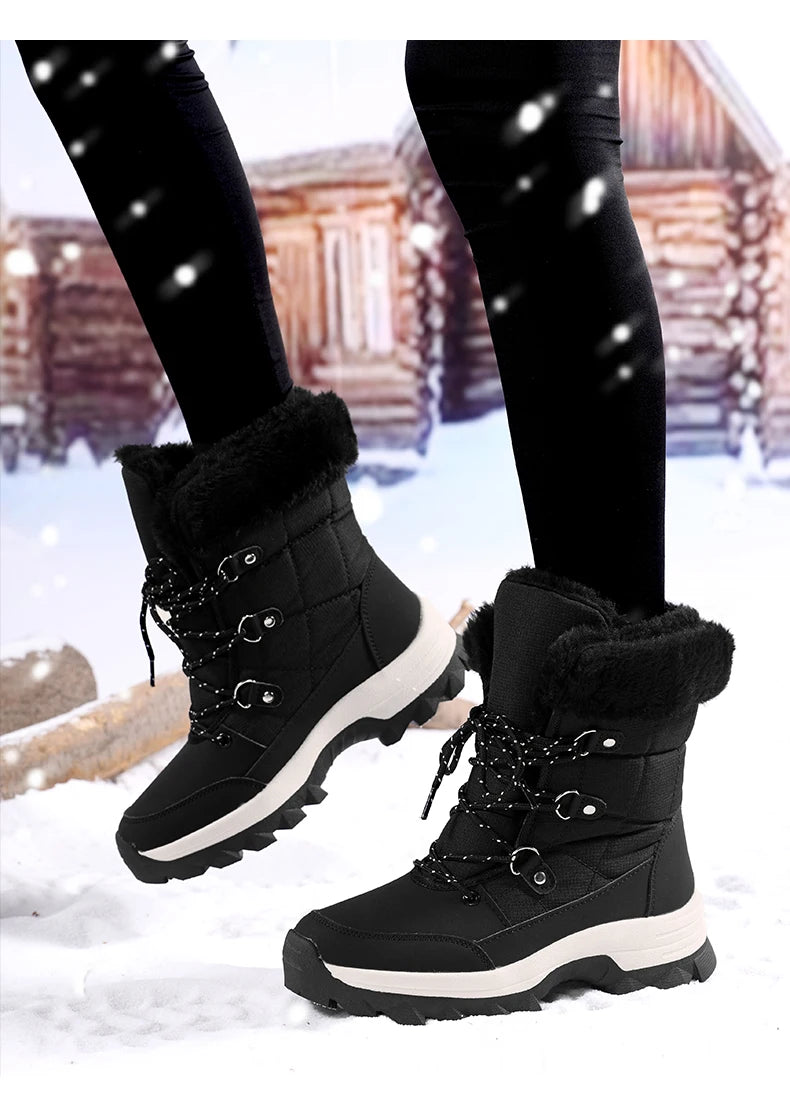 Winter Snow Boots for Couples Slip-Resistant Outdoor Waterproof Mid-Calf Boots With Warm Faux Fur Lining Fashionable and Trendy