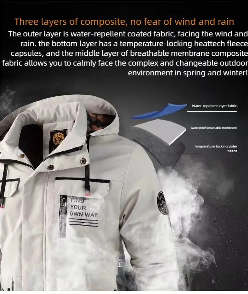 New Winter Men Outwear Warm Removable Hooded Hiking Jacket Men Outdoor Windproof Casual Fashion Jacket Coat Male Clothing