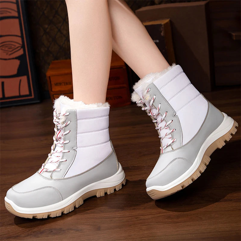 Waterproof Winter Boots Women Fashion Mix Color Plush Warm Snow Boots Woman Thick Bottom Wedges Outdoor Cotton Shoes Lady