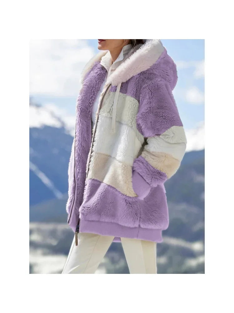 Winter Women Jacket Warm Plush Casual Loose Hooded Coat Mixed Color Patchwork Winter Outwear Faux Fur Zipper Ladies Parka Coat