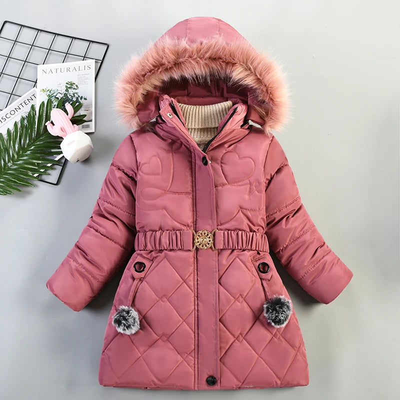 Winter Snow Suit For Girls, Fur Collar & Tunic Details Warm Cotton-padded Hooded Coat, Kids Outerwear