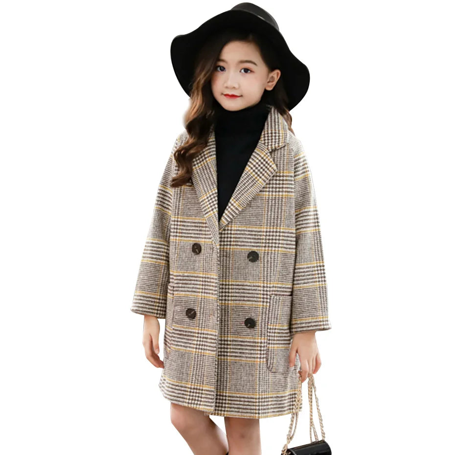 Winter Woolen Coat for Girl Thick Jacket Toddler Girls Plaid Outerwear Kids Clothes Autumn England Teenage Trench School Uniform
