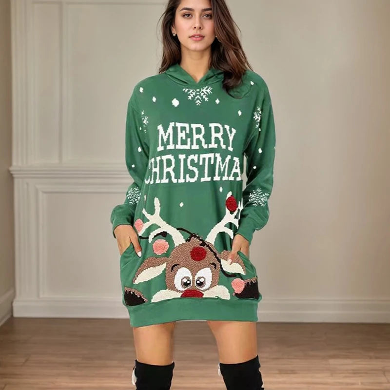 Christmas Printed Loose Hoodied Dress Casual Elk Pattern Long Sleeve Pocket Hoodie Hip-covering Skirt Fashion Christmas Dresses