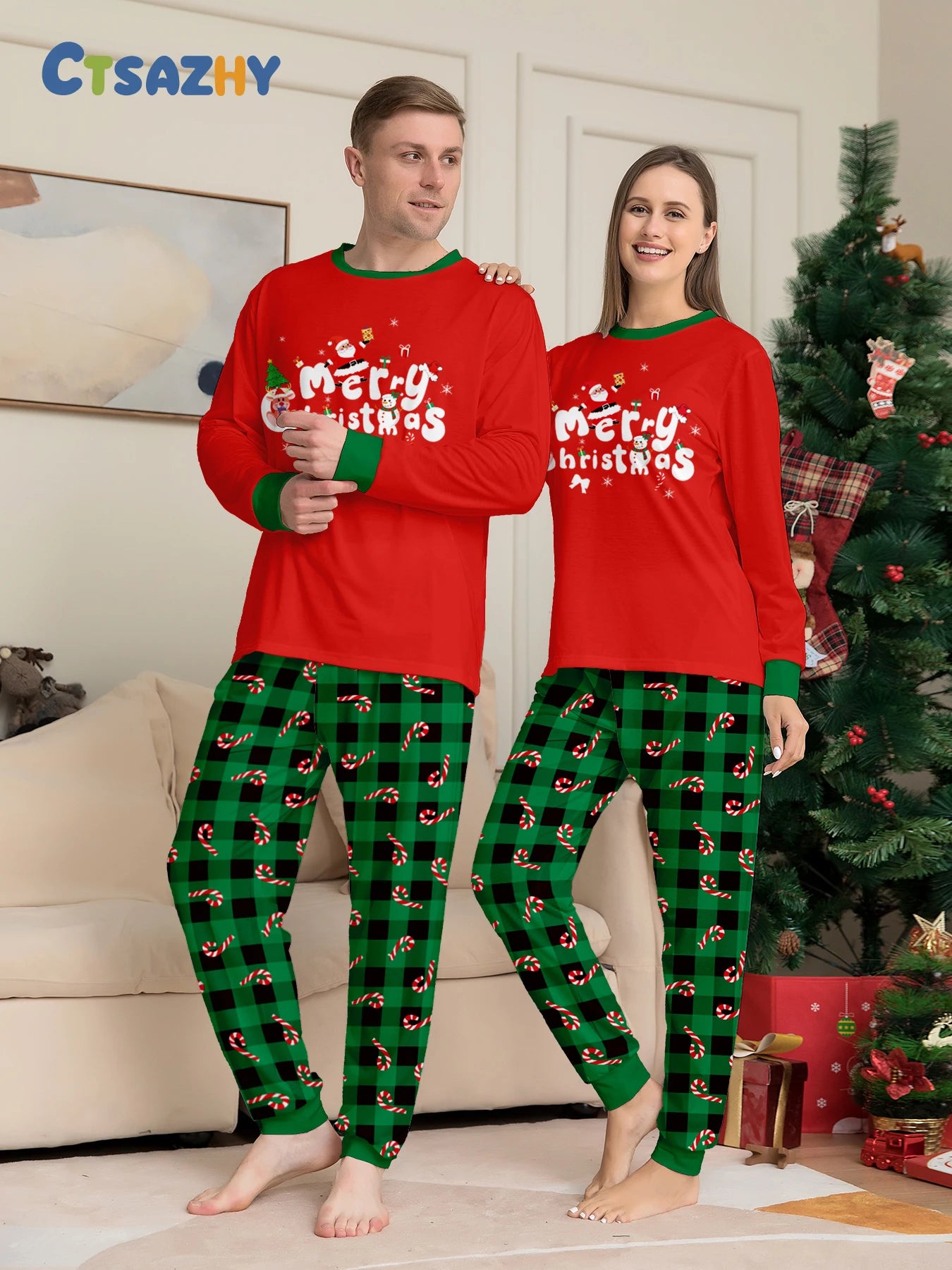 Matching Couple Christmas Sleepwear - Red "Merry Xmas" Top & Green Plaid Candy Cane Bottoms