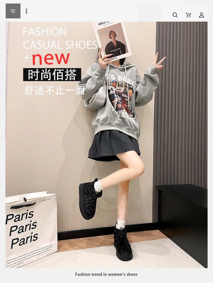 Winter New Warm 4CM Platform Snow Boots Black Bling Sequined Cloth Wool Lined Women Fashion Boots Luxurious shiny suede boots