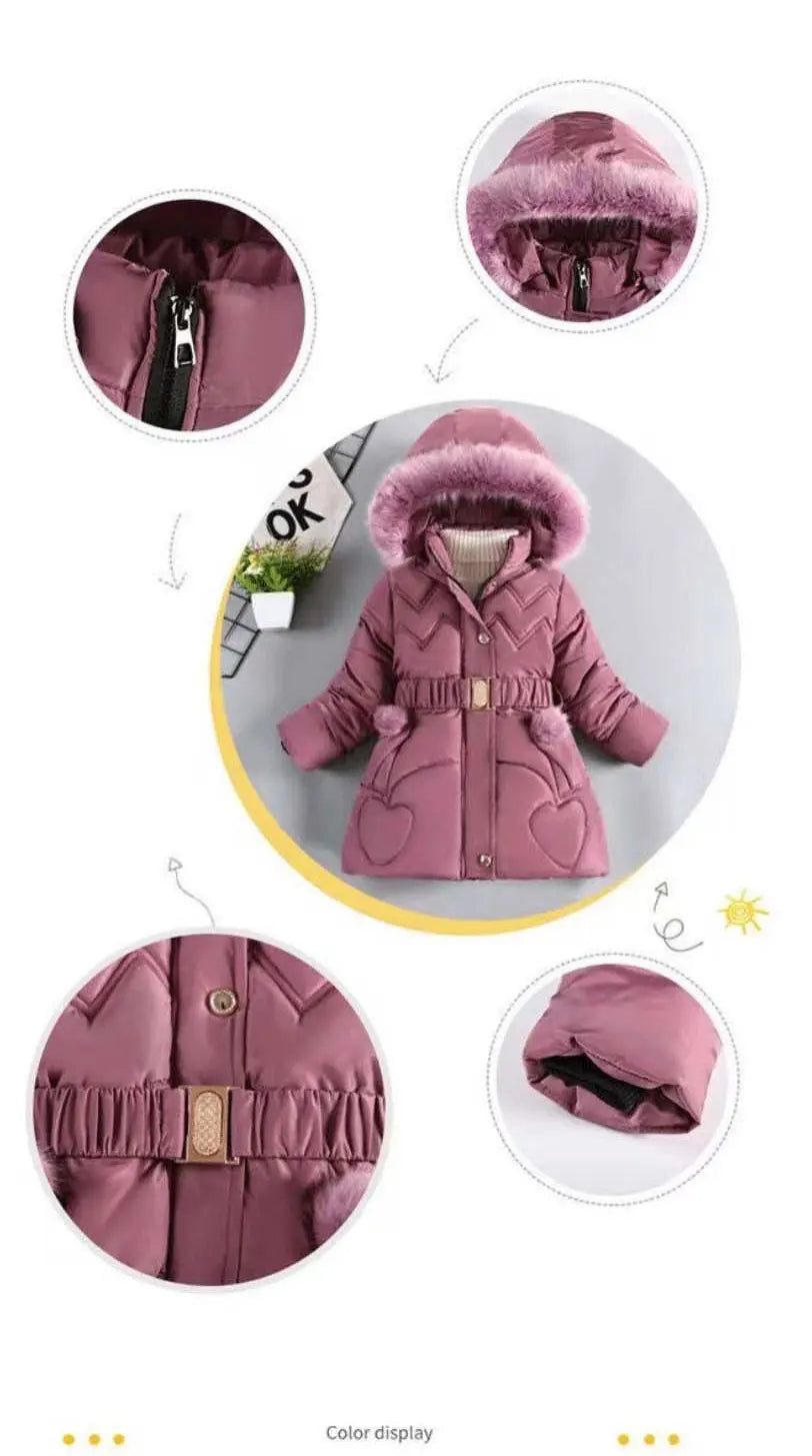 3 4 5 6 8 10 Years Winter Girls Coat Keep Warm Thicken Kids Jacket Hooded Zipper Fur Collar Princess Outerwear Children Clothing