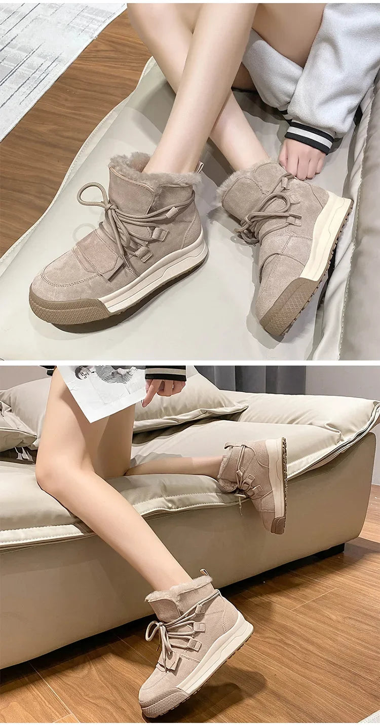 Winter Snow Boots Women Genuine Cow Leather Artificial Wool Solid Color Lace-up 2024 Warm Ladies Shoes Handmade