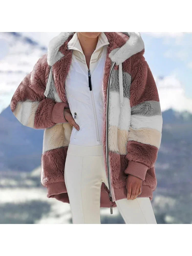Winter Women Jacket Warm Plush Casual Loose Hooded Coat Mixed Color Patchwork Winter Outwear Faux Fur Zipper Ladies Parka Coat