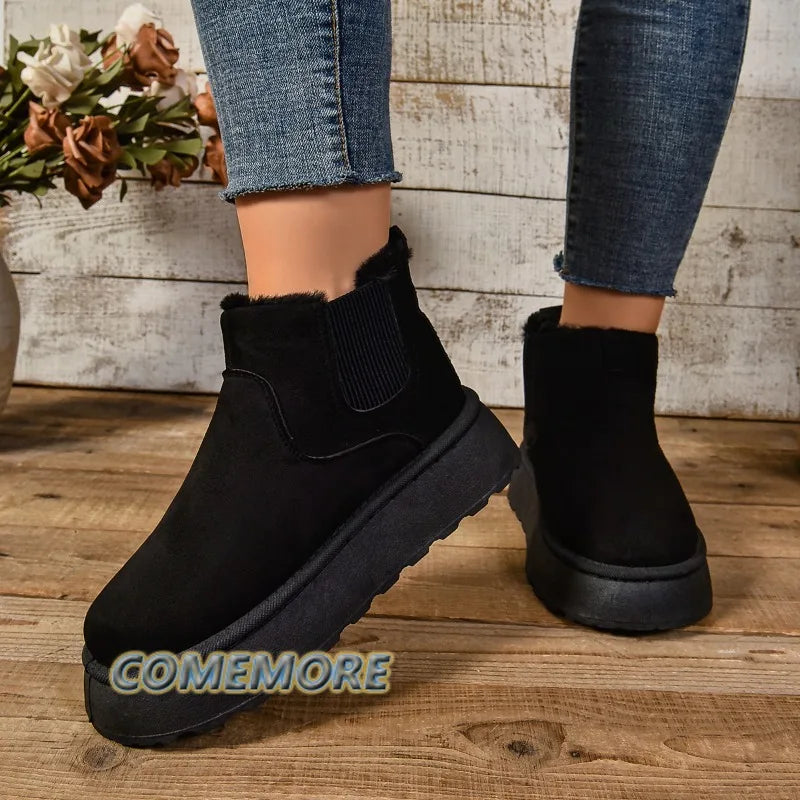 Winter Women Short Plush Warm Snow Boots Casual Shoes New Suede Fur Chelsea Ankle Boots Flats Platform Ladies Shoes Comfortable