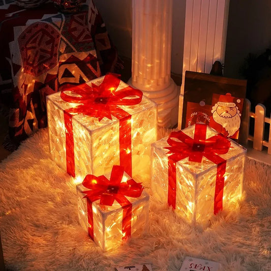 Christmas Glowing Decoration Gifts Box Ornament with Bow Christmas Lighting Box Outdoor Outdoor Backyard Party DIY Decorations