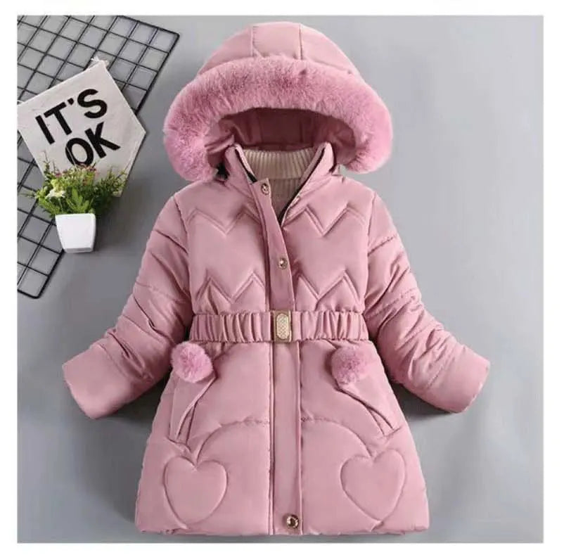 3 4 5 6 8 10 Years Winter Girls Coat Keep Warm Thicken Kids Jacket Hooded Zipper Fur Collar Princess Outerwear Children Clothing