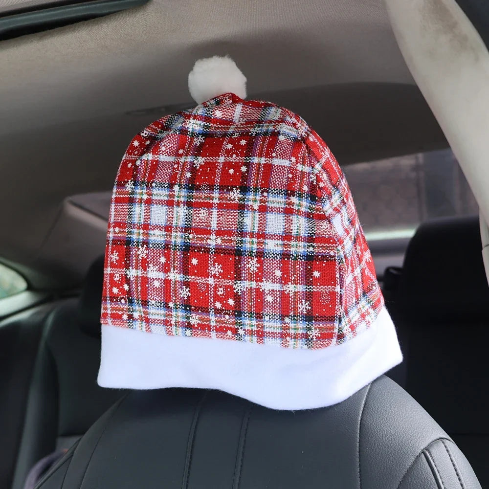 Christmas Car Seat Pillowcase Merry Christmas Santa's Hat Automotive Seat Headrest Cover Car Interior Decor Accessories Gift