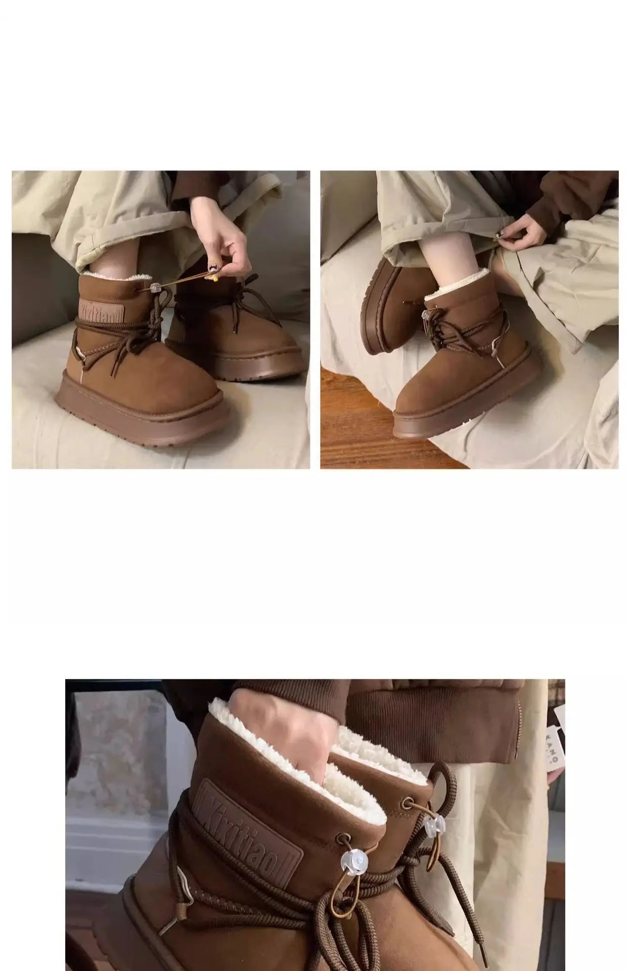 Winter Outdoor Women Ankle Snow Boots Ladies Plush Warm Shoes Classic Ultra Platform Cow Suede Furry Hook & Loop Flat Booties