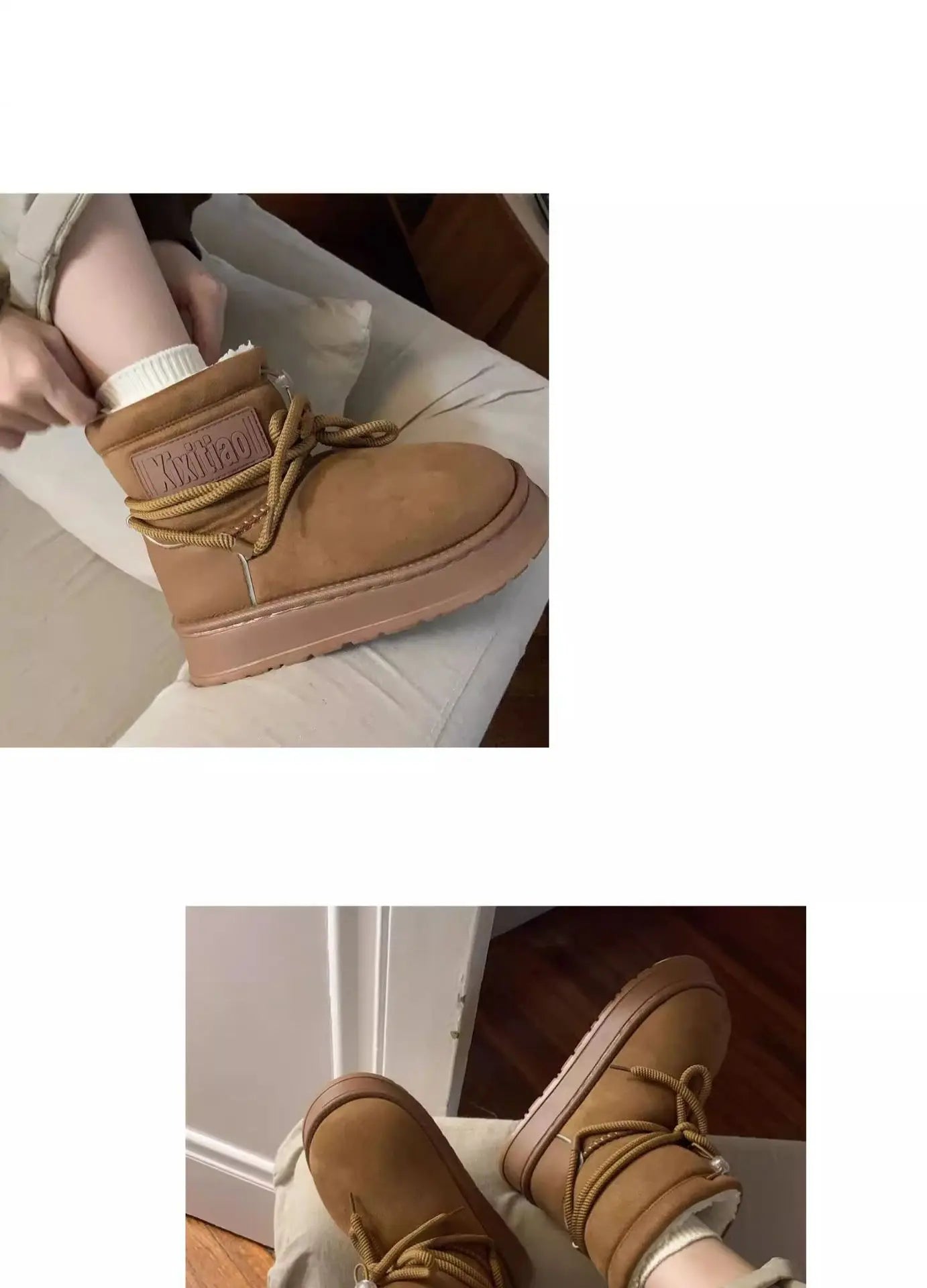 Winter Outdoor Women Ankle Snow Boots Ladies Plush Warm Shoes Classic Ultra Platform Cow Suede Furry Hook & Loop Flat Booties