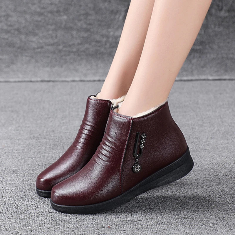 Winter Women Boots Leather Boots Warm Waterproof Cotton Shoes Soft Sole Plush Outdoor Snow Boot Non-slip Comfortable Ankle Boots