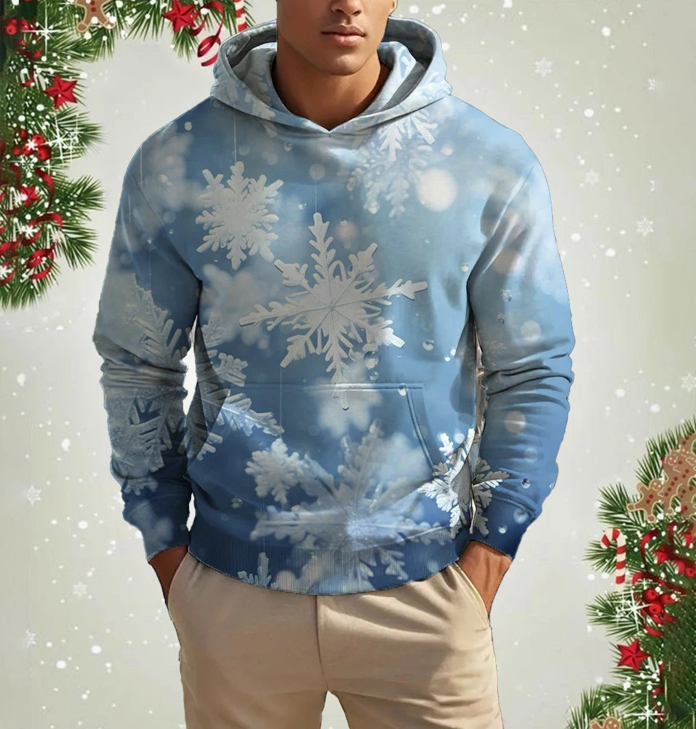 Fashion Hoodies for Men Christmas Snowflake Pattern 3D Printed Tops Autumn Winter Long Sleeved Oversized Christmas Theme Hooded