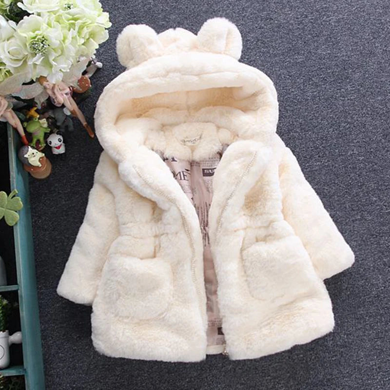 Girls' Winter Clothes Soft Cozy Fleece Hooded Coat Faux Fur Thicken Warm Girl Coat With Cute Ears Thick Warm Outwear Overcoat