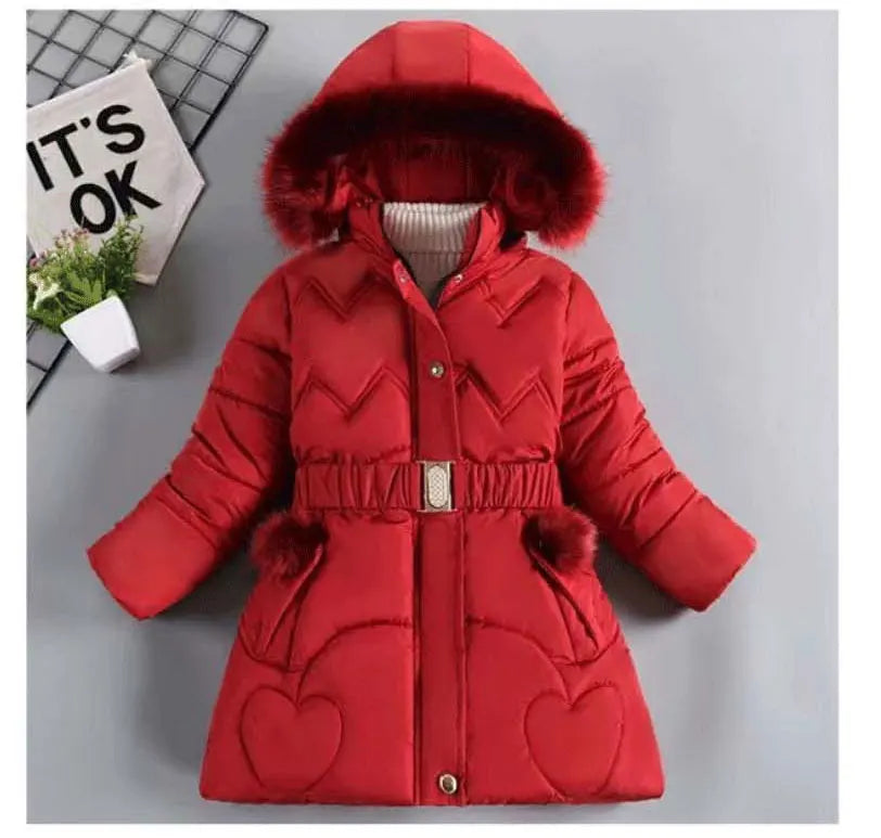 3 4 5 6 8 10 Years Winter Girls Coat Keep Warm Thicken Kids Jacket Hooded Zipper Fur Collar Princess Outerwear Children Clothing