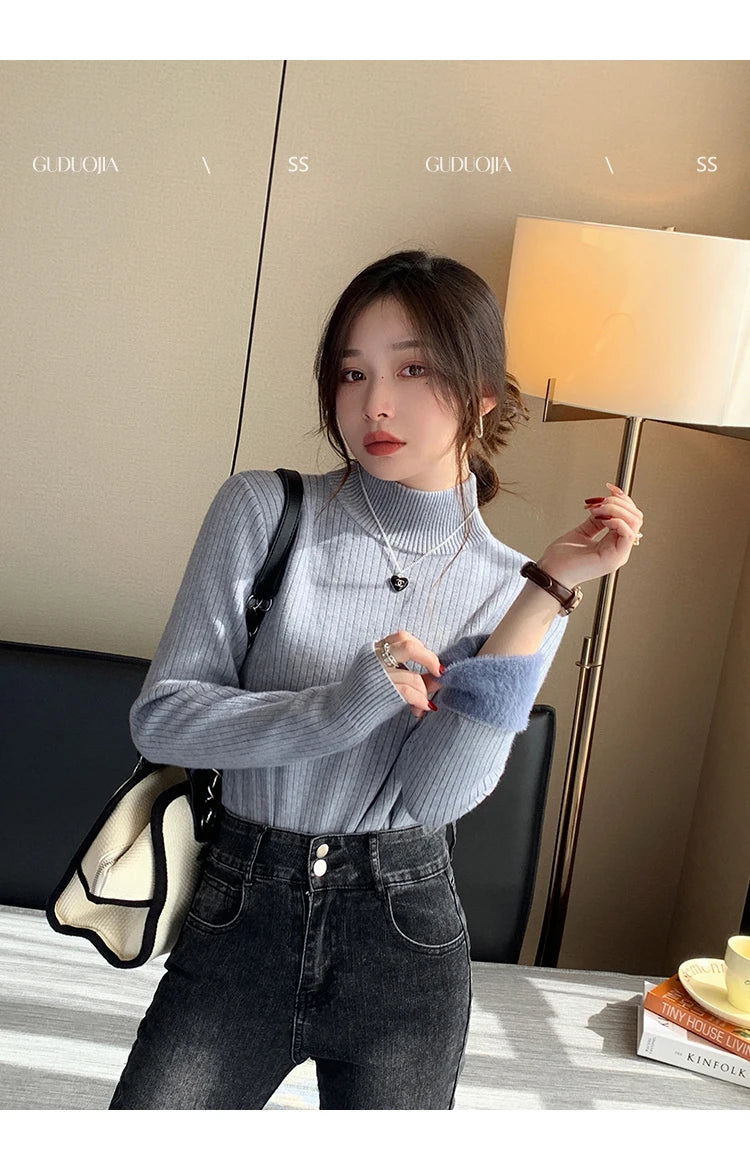 Women's Turtleneck Sweater Winter 2025 Retro with Velvet Lining Thickened Inner Wear Thermal Knitting Bottoming Shirt Pullovers