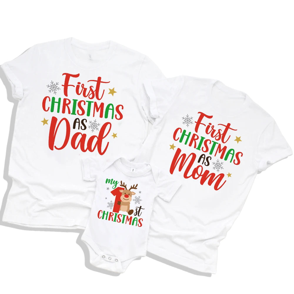 My First Christmas As Dad/mom Family Matching Clothes T-shirt Father Mother and Baby Look Outfits Tops Baby's Jumpsuits T Shirts