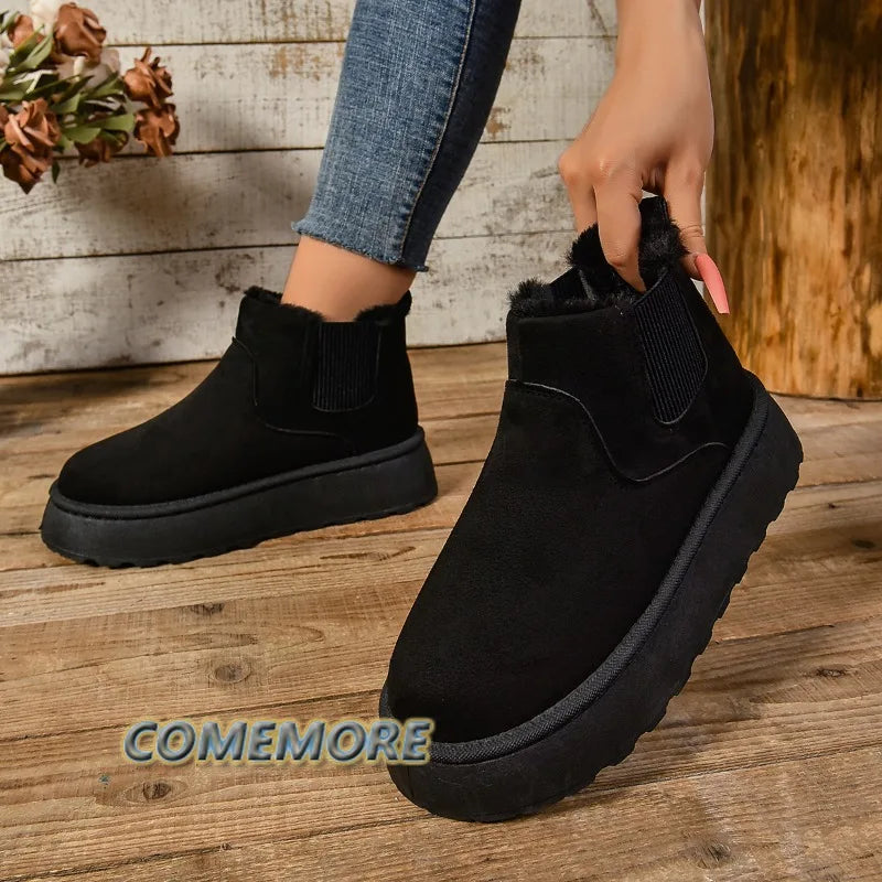 Winter Women Short Plush Warm Snow Boots Casual Shoes New Suede Fur Chelsea Ankle Boots Flats Platform Ladies Shoes Comfortable