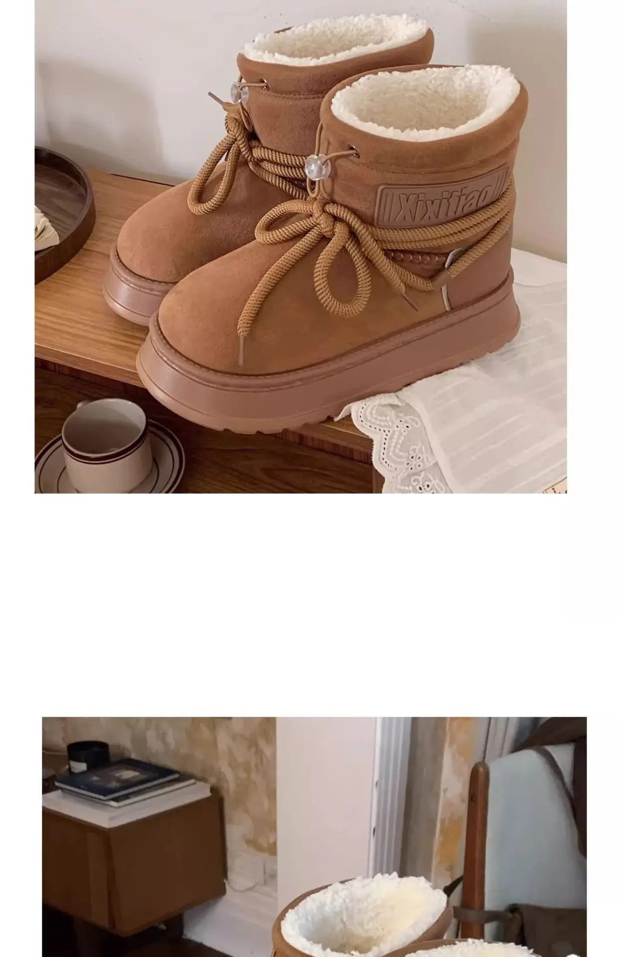 Winter Outdoor Women Ankle Snow Boots Ladies Plush Warm Shoes Classic Ultra Platform Cow Suede Furry Hook & Loop Flat Booties