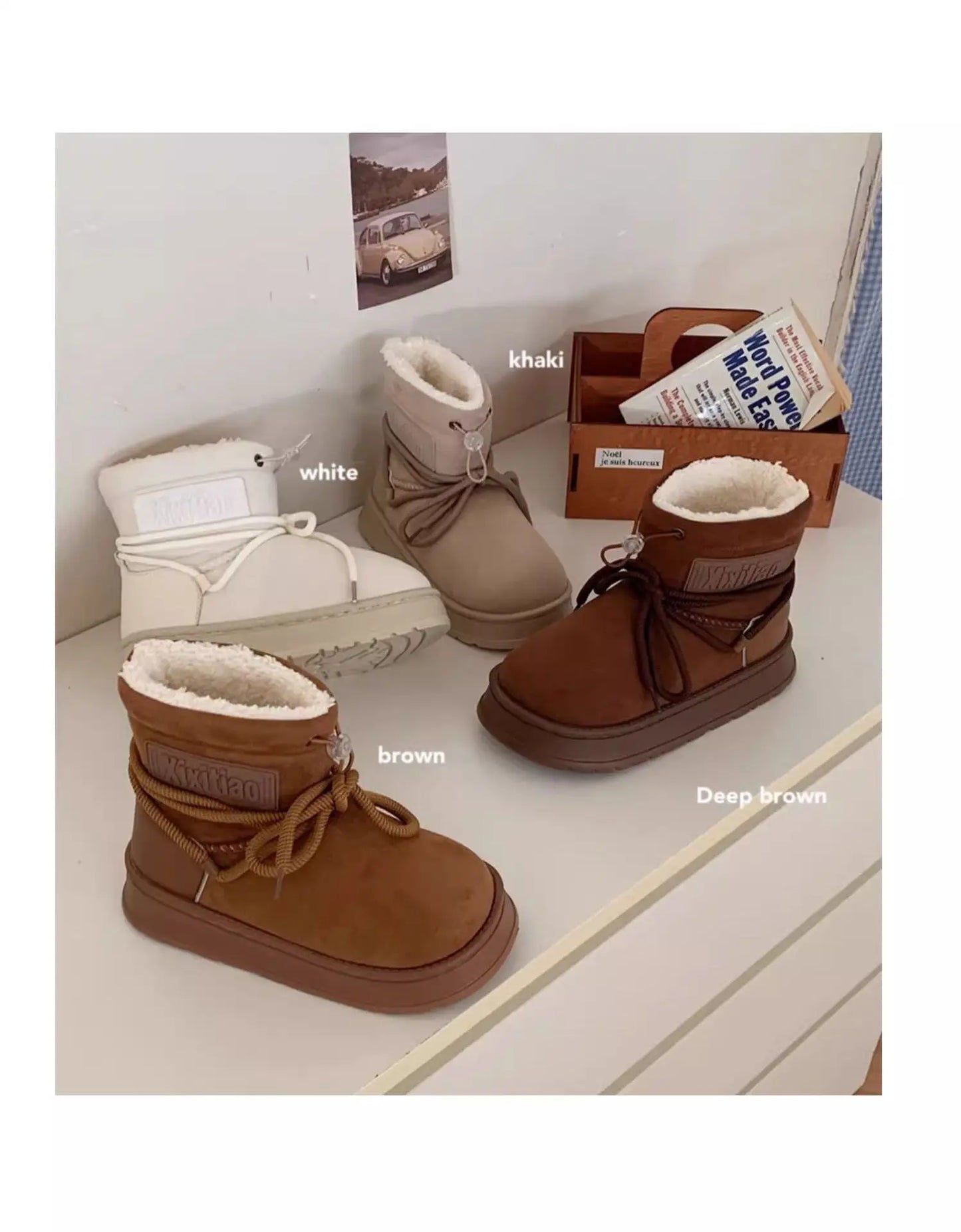 Winter Outdoor Women Ankle Snow Boots Ladies Plush Warm Shoes Classic Ultra Platform Cow Suede Furry Hook & Loop Flat Booties