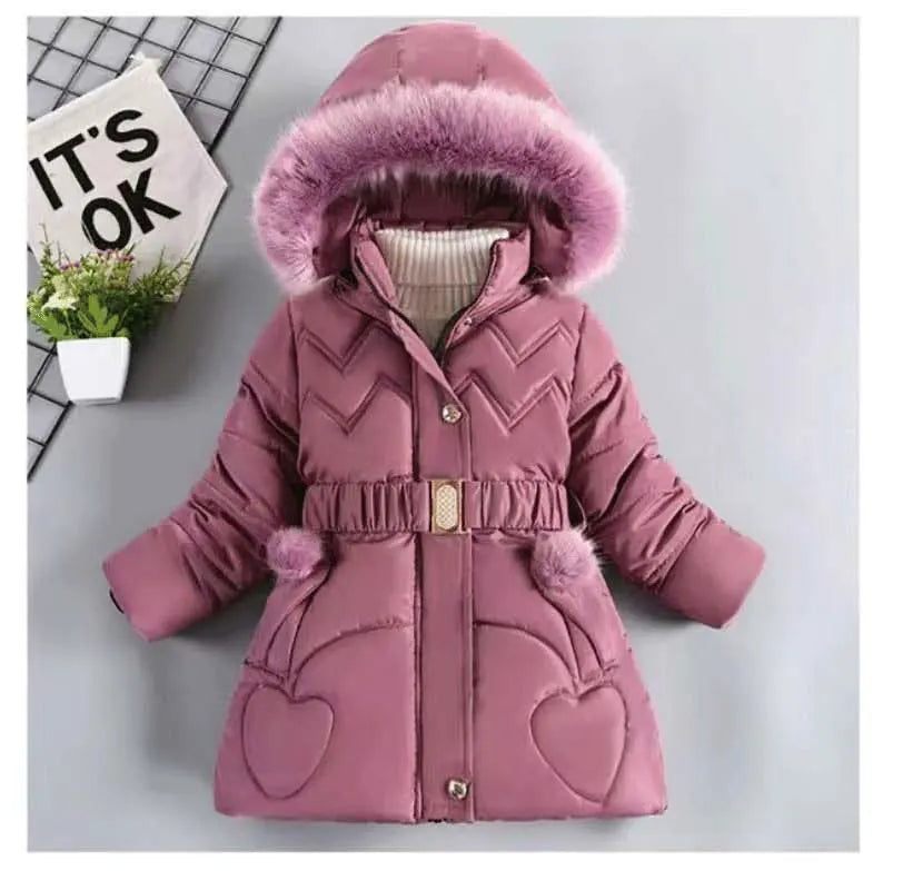 3 4 5 6 8 10 Years Winter Girls Coat Keep Warm Thicken Kids Jacket Hooded Zipper Fur Collar Princess Outerwear Children Clothing
