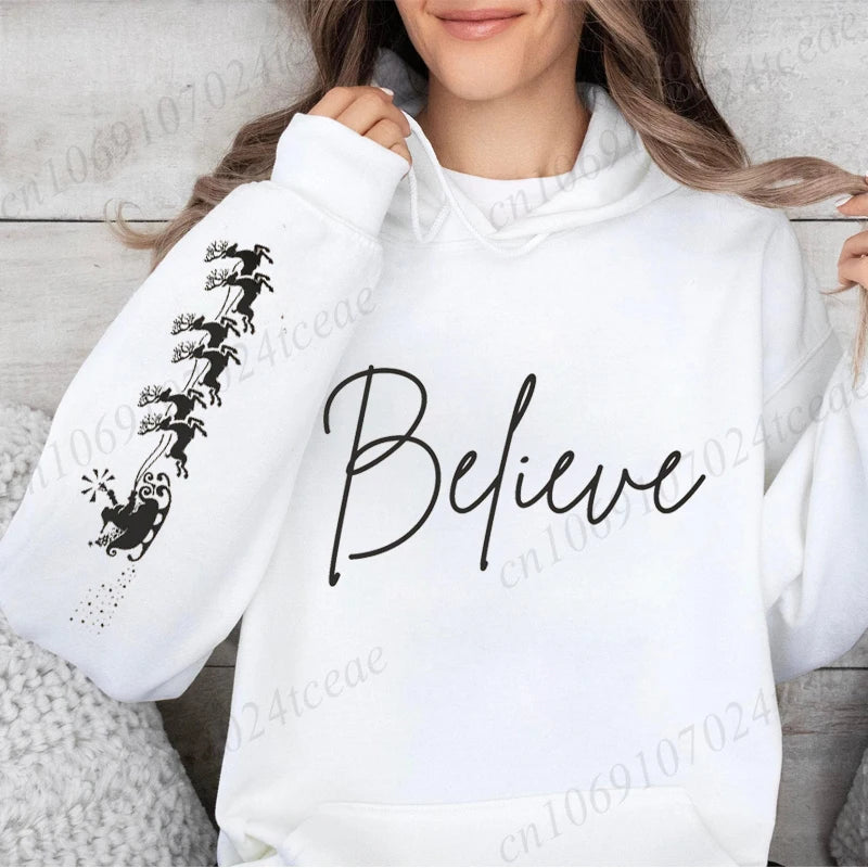 Believe Christmas Hoodies Sweatshirt for Women Men Family Christmas Party Sweatshirt Autumn Winter Christmas Hooded Sportwear