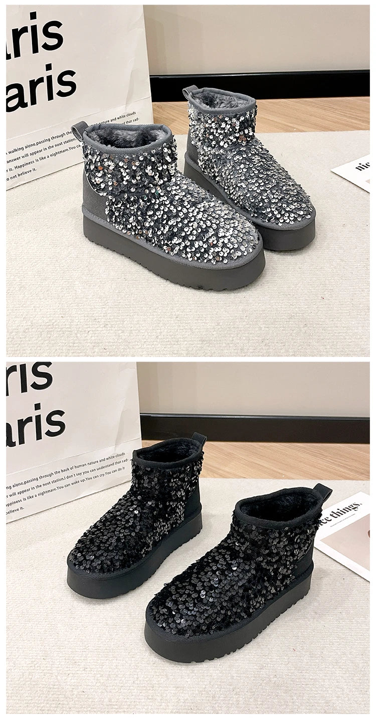 Winter New Warm 4CM Platform Snow Boots Black Bling Sequined Cloth Wool Lined Women Fashion Boots Luxurious shiny suede boots