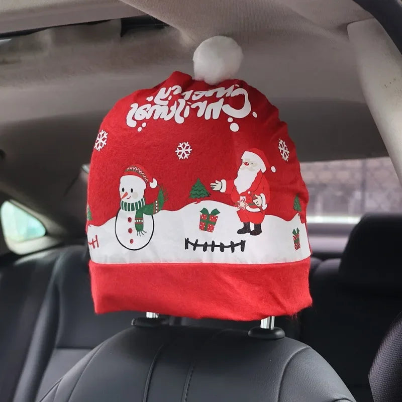 Christmas Car Seat Pillowcase Merry Christmas Santa's Hat Automotive Seat Headrest Cover Car Interior Decor Accessories Gift