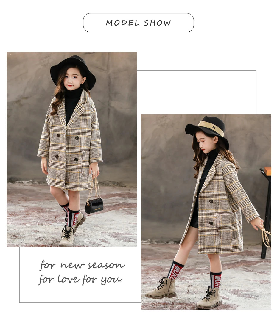 Winter Woolen Coat for Girl Thick Jacket Toddler Girls Plaid Outerwear Kids Clothes Autumn England Teenage Trench School Uniform