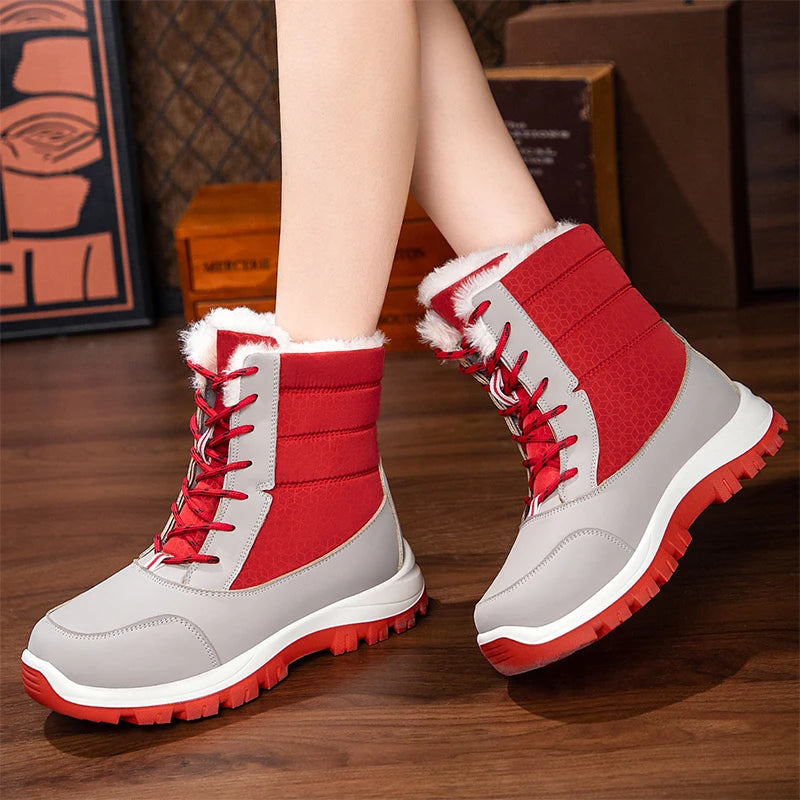 Waterproof Winter Boots Women Fashion Mix Color Plush Warm Snow Boots Woman Thick Bottom Wedges Outdoor Cotton Shoes Lady