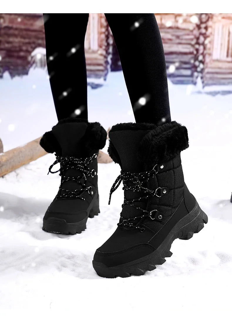 Winter Snow Boots for Couples Slip-Resistant Outdoor Waterproof Mid-Calf Boots With Warm Faux Fur Lining Fashionable and Trendy